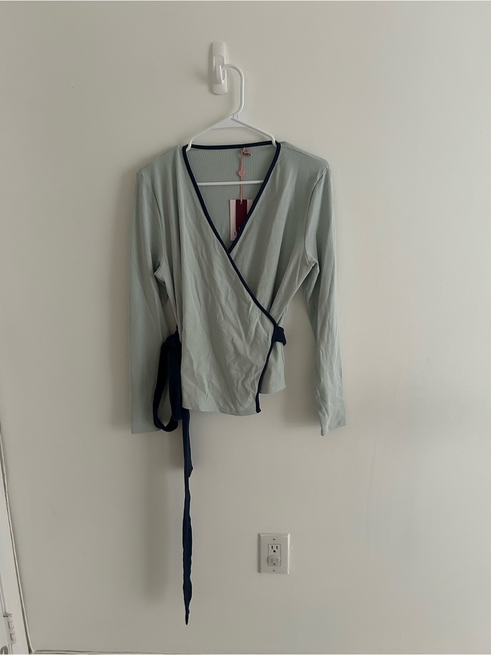 Light Sage Wrap Top with Navy Trim